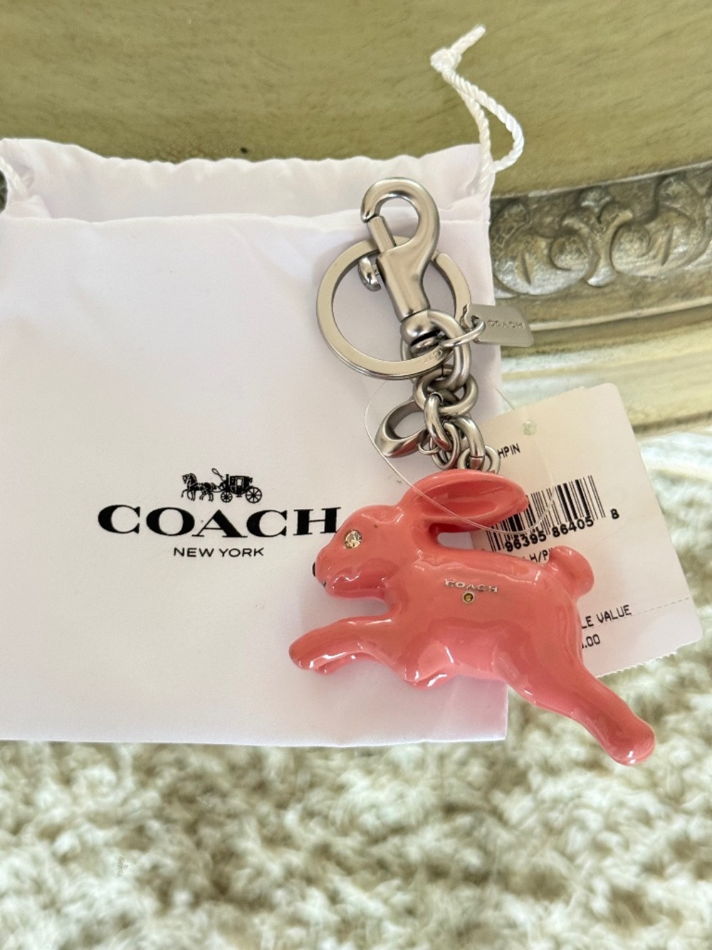 NWT COACH Bunny Bag Charm Keyring Key Fob Pink Silver